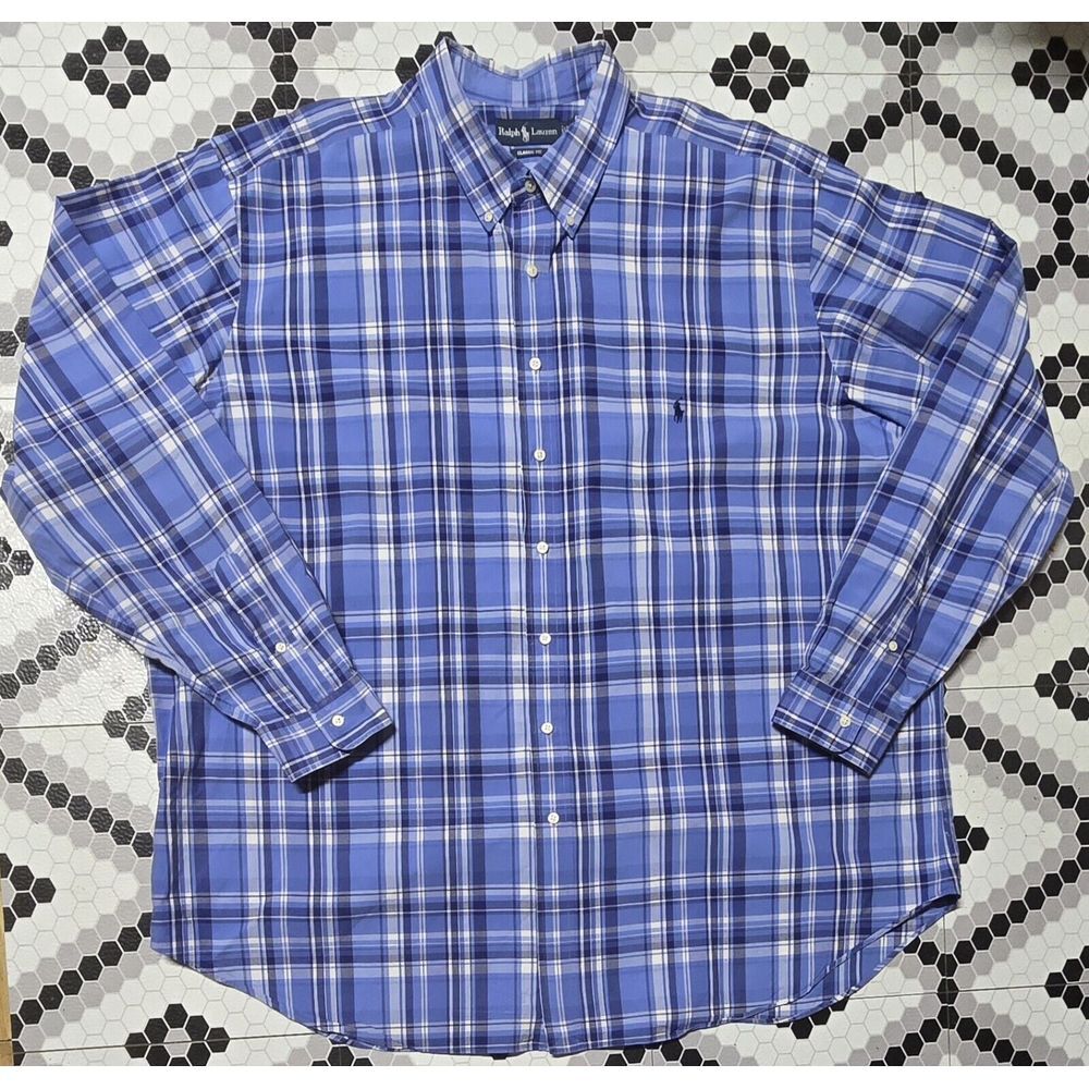 Vintage Polo Ralph Lauren Men's Sz 3XLT Button Down Long Sleeve Shirt Blue Plaid
